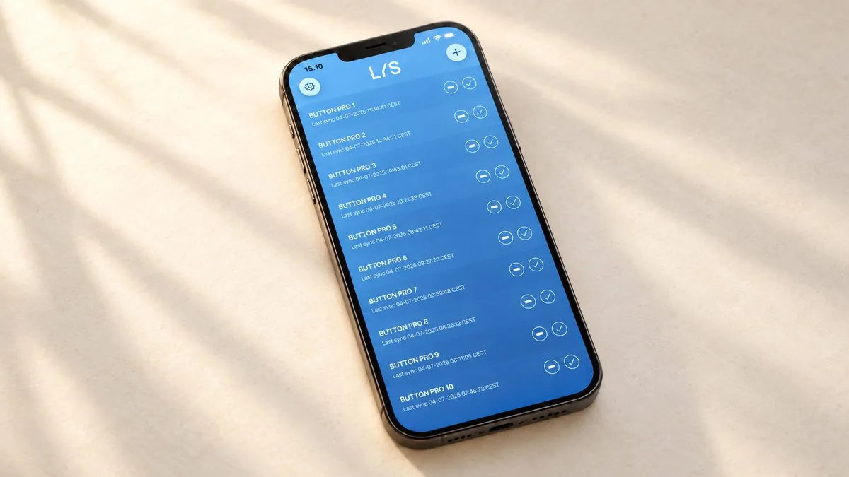 LYS Collect on a phone, listing ten Button PRO devices with their last sync time