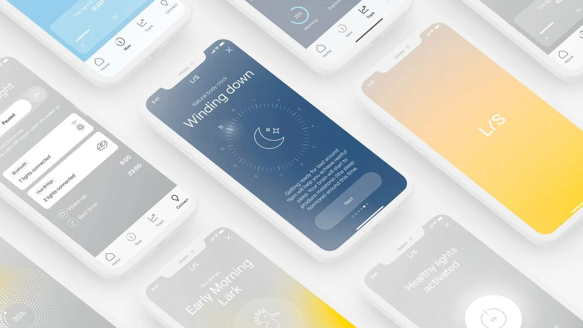 LYS Track app screens, including the Winding down body-clock screen and chronotype result