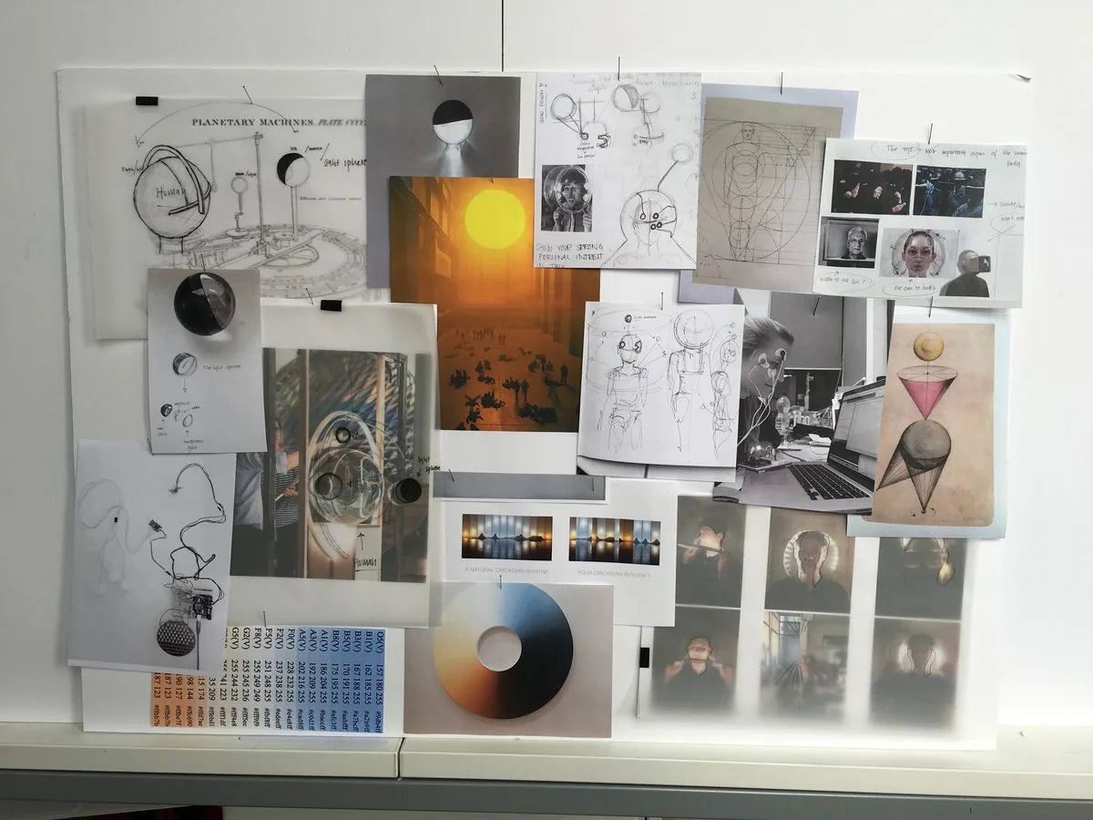 A moodboard wall of research references